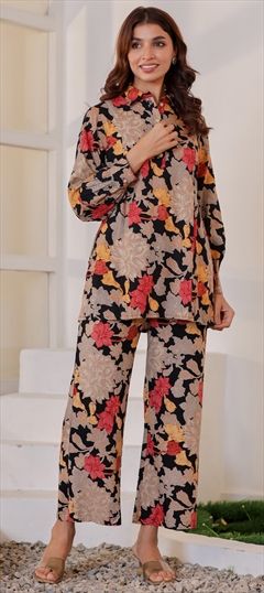 Casual, Summer Beige and Brown, Black and Grey color Co-ords Set in Rayon fabric with Floral, Foil Print, Printed work : 1920593