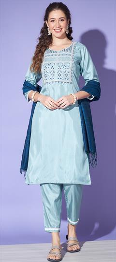 Festive, Party Wear Blue color Salwar Kameez in Silk fabric with Straight Embroidered, Sequence, Thread, Zari work : 1920595