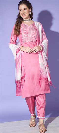 Festive, Party Wear Pink and Majenta color Salwar Kameez in Silk fabric with Straight Embroidered, Sequence, Thread, Zari work : 1920596