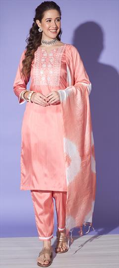 Festive, Party Wear Pink and Majenta color Salwar Kameez in Silk fabric with Straight Embroidered, Sequence, Thread, Zari work : 1920597