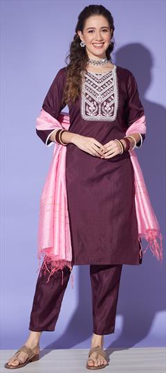 Festive, Party Wear Purple and Violet color Salwar Kameez in Silk fabric with Straight Embroidered, Sequence, Thread, Zari work : 1920598