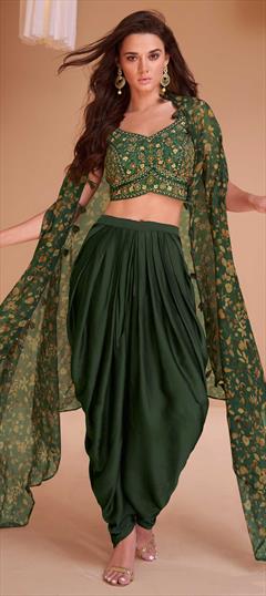Designer, Festive, Wedding Green color Salwar Kameez in Satin Silk fabric with Dhoti Bugle Beads, Embroidered, Printed work : 1920604
