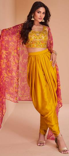 Designer, Festive, Wedding Yellow color Salwar Kameez in Satin Silk fabric with Dhoti Bugle Beads, Embroidered, Printed work : 1920605