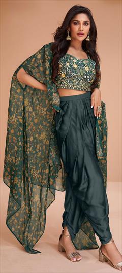 Designer, Festive, Wedding Green color Salwar Kameez in Satin Silk fabric with Dhoti Bugle Beads, Embroidered, Printed work : 1920607