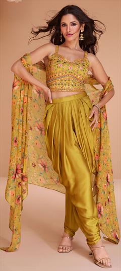 Designer, Festive, Wedding Yellow color Salwar Kameez in Satin Silk fabric with Dhoti Bugle Beads, Embroidered, Printed work : 1920608