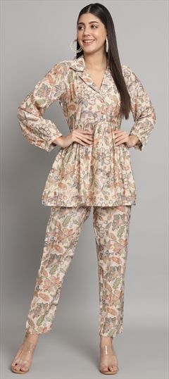 Casual, Summer Beige and Brown, Black and Grey color Co-ords Set in Muslin fabric with Floral, Printed work : 1920611