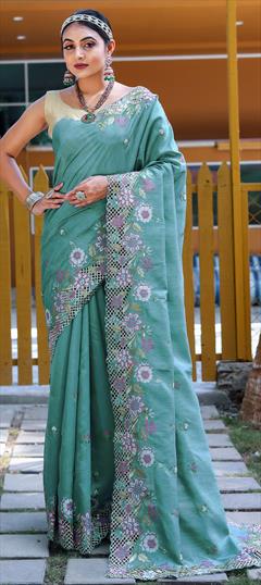 Reception, Traditional, Wedding Green color Saree in Silk fabric with South Embroidered, Resham, Thread work : 1920619