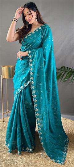 Festive, Party Wear, Reception Blue color Saree in Silk fabric with South Embroidered, Resham, Sequence work : 1920621