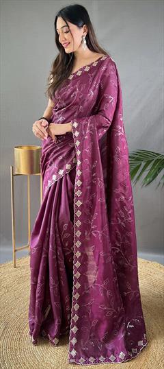 Festive, Party Wear, Reception Purple and Violet color Saree in Silk fabric with South Embroidered, Resham, Sequence work : 1920623