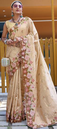 Reception, Traditional, Wedding Beige and Brown color Saree in Silk fabric with South Embroidered, Resham, Thread work : 1920629