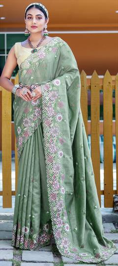 Reception, Traditional, Wedding Green color Saree in Silk fabric with South Embroidered, Resham, Thread work : 1920633