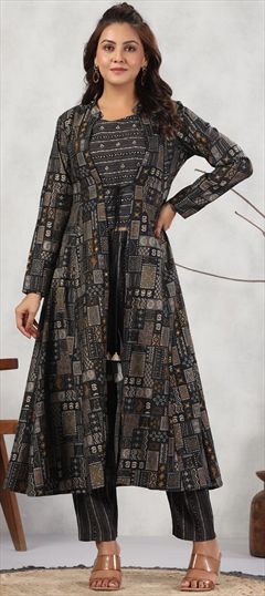 Festive, Summer Black and Grey color Salwar Kameez in Muslin fabric with Straight Printed work : 1920640