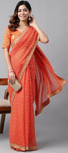 Festive, Party Wear, Traditional Orange color Saree in Georgette fabric with South Embroidered, Printed, Sequence work : 1920642