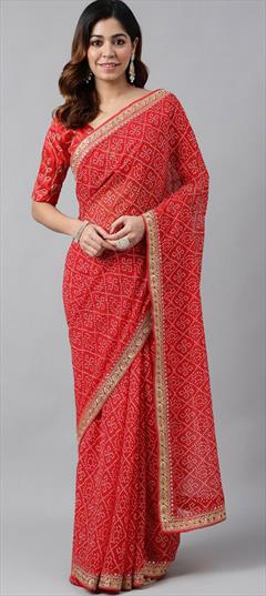 Festive, Party Wear, Traditional Red and Maroon color Saree in Georgette fabric with South Embroidered, Printed, Sequence work : 1920643