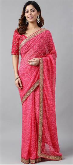 Festive, Party Wear, Traditional Pink and Majenta color Saree in Georgette fabric with South Embroidered, Printed, Sequence work : 1920645