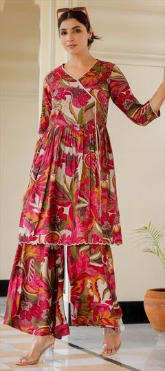 Festive, Summer Pink and Majenta color Salwar Kameez in Muslin fabric with Anarkali, Palazzo Cut Dana, Printed work : 1920652