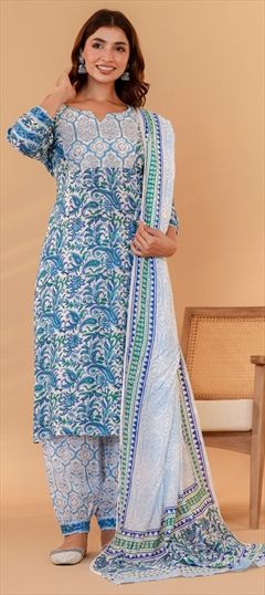 Festive, Party Wear, Summer Blue, White and Off White color Salwar Kameez in Muslin fabric with Patiala, Straight Bugle Beads, Printed, Thread work : 1920657