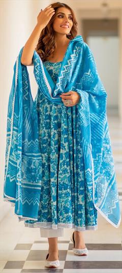 Festive, Party Wear Blue color Salwar Kameez in Cotton fabric with Anarkali Printed work : 1920867