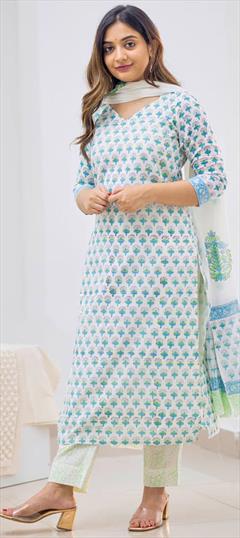 Festive, Party Wear Blue color Salwar Kameez in Cotton fabric with Straight Printed work : 1920875