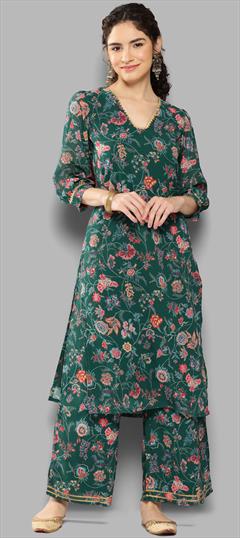 Festive, Party Wear Green color Salwar Kameez in Georgette fabric with Palazzo, Straight Printed work : 1920926
