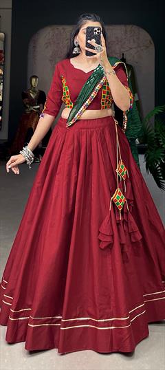 Festive, Party Wear Red and Maroon color Lehenga in Cotton fabric with Flared Gota Patti, Thread work : 1920963