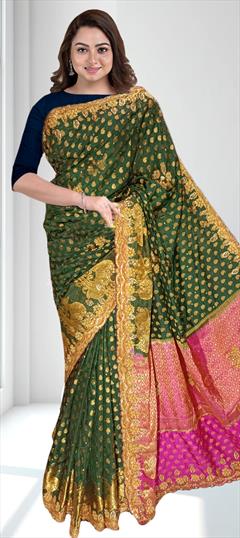 Festive, Traditional Green color Saree in Kanjeevaram Silk fabric with South Embroidered work : 1920971