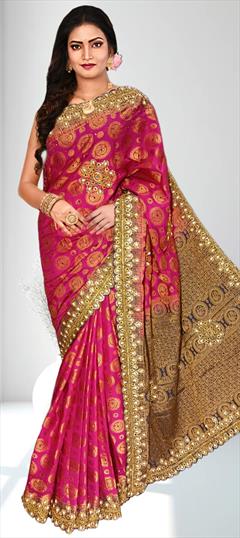 Festive, Traditional Pink and Majenta color Saree in Kanjeevaram Silk fabric with South Embroidered work : 1920972