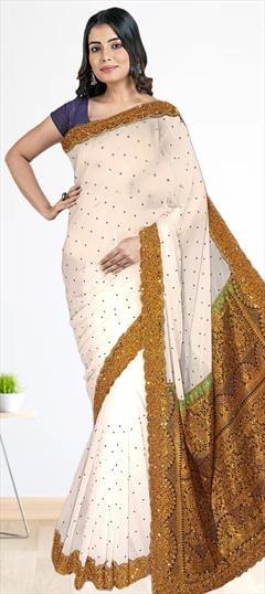 Festive, Traditional White and Off White color Saree in Georgette fabric with South Embroidered work : 1920973
