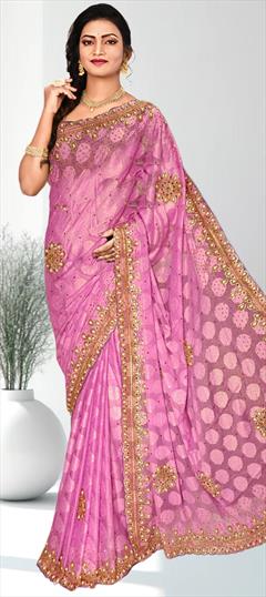 Festive, Traditional Pink and Majenta color Saree in Shimmer fabric with South Embroidered work : 1920975
