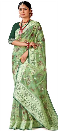 Festive, Traditional Green color Saree in Organza Silk fabric with South Digital Print, Embroidered, Resham, Thread work : 1921009