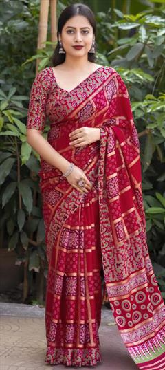 Festive, Traditional Red and Maroon color Saree in Art Silk fabric with South Printed work : 1921019