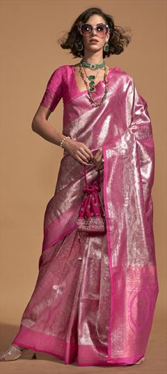 Festive, Party Wear, Traditional Pink and Majenta color Saree in Kanjeevaram Silk fabric with South Weaving work : 1921022