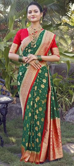 Reception, Traditional Green color Saree in Crepe Silk fabric with South Weaving, Zari work : 1921121