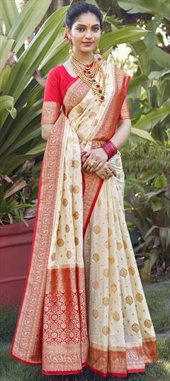 Reception, Traditional White and Off White color Saree in Crepe Silk fabric with South Weaving, Zari work : 1921123