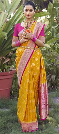 Reception, Traditional Yellow color Saree in Crepe Silk fabric with South Weaving, Zari work : 1921124