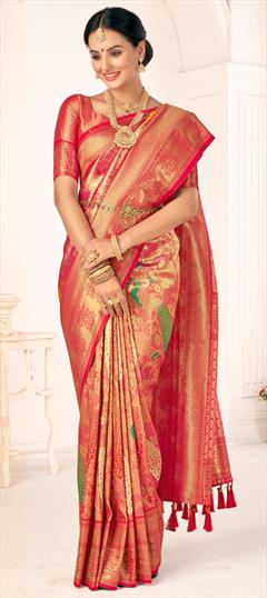 Reception, Traditional Pink and Majenta color Saree in Kanjeevaram Silk fabric with South Weaving, Zari work : 1921134