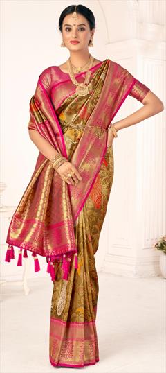 Reception, Traditional Green color Saree in Kanjeevaram Silk fabric with South Weaving, Zari work : 1921135