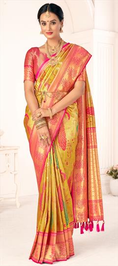 Reception, Traditional Yellow color Saree in Kanjeevaram Silk fabric with South Weaving, Zari work : 1921136