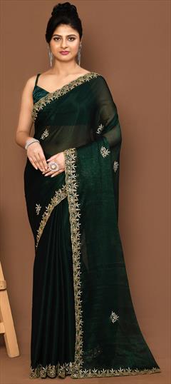 Festive, Party Wear, Traditional Green color Saree in Georgette fabric with South Embroidered, Resham, Thread, Zari work : 1921172