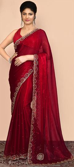Festive, Party Wear, Traditional Red and Maroon color Saree in Georgette fabric with South Embroidered, Resham, Thread, Zari work : 1921177