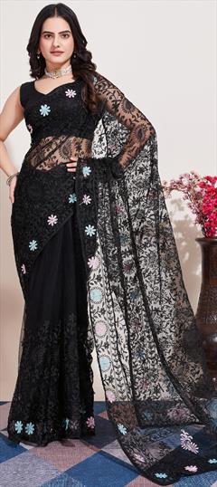 Festive, Party Wear Black and Grey color Saree in Net fabric with Classic Embroidered, Resham, Sequence, Thread work : 1921365