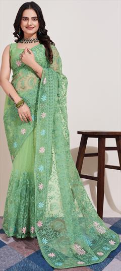 Festive, Party Wear Green color Saree in Net fabric with Classic Embroidered, Resham, Sequence, Thread work : 1921366