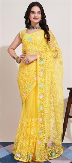 Festive, Party Wear Yellow color Saree in Net fabric with Classic Embroidered, Resham, Sequence, Thread work : 1921370