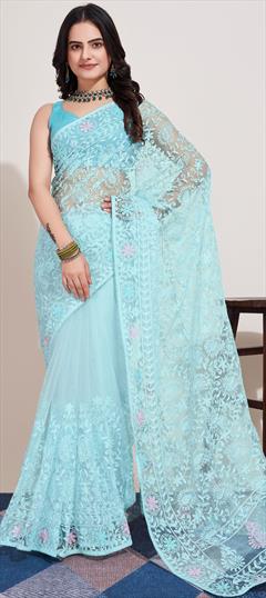 Festive, Party Wear Blue color Saree in Net fabric with Classic Embroidered, Resham, Sequence, Thread work : 1921371
