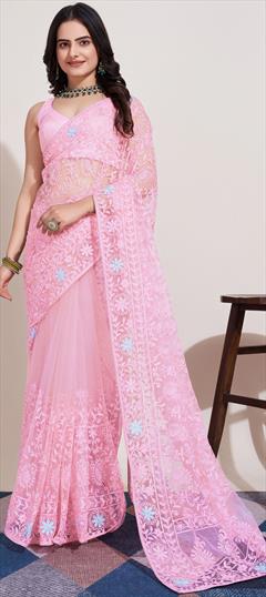 Festive, Party Wear Pink and Majenta color Saree in Net fabric with Classic Embroidered, Resham, Sequence, Thread work : 1921372