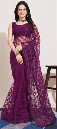 Festive, Party Wear Purple and Violet color Saree in Net fabric with Classic Embroidered, Resham, Sequence, Thread work : 1921379