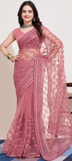 Festive, Party Wear Pink and Majenta color Saree in Net fabric with Classic Embroidered, Resham, Sequence, Thread work : 1921380