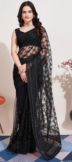Festive, Party Wear Black and Grey color Saree in Net fabric with Classic Embroidered, Resham, Sequence, Thread work : 1921381