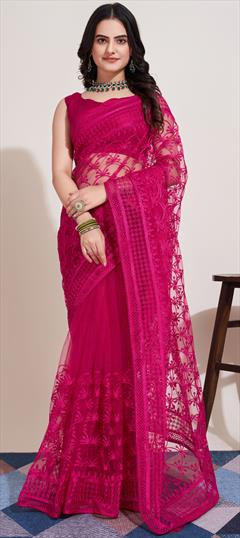 Festive, Party Wear Pink and Majenta color Saree in Net fabric with Classic Embroidered, Resham, Sequence, Thread work : 1921382