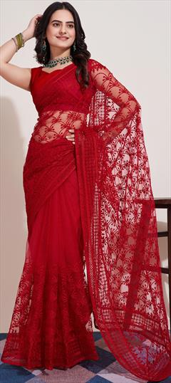 Festive, Party Wear Red and Maroon color Saree in Net fabric with Classic Embroidered, Resham, Sequence, Thread work : 1921383